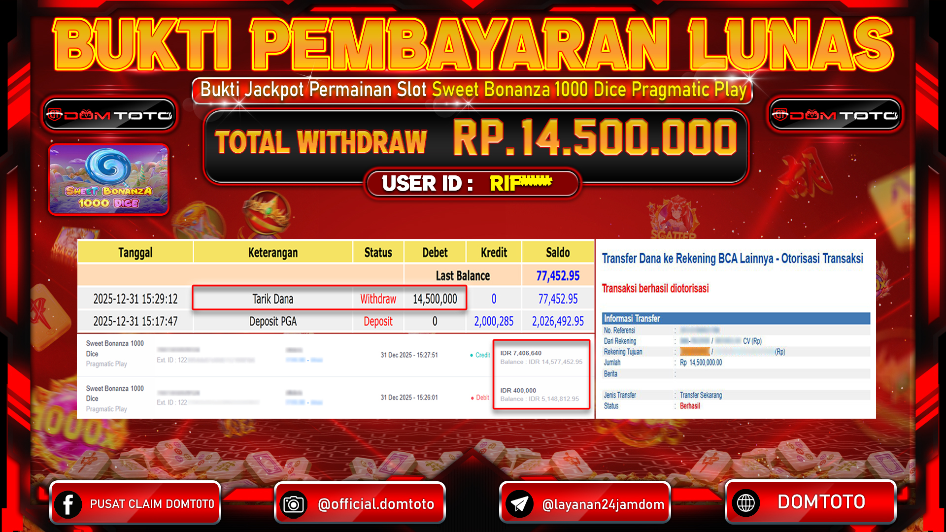 JACKPOT Slot Sweet Bonanza 1000 Dice  Pragmatic Play 31 DECEMBER 2025